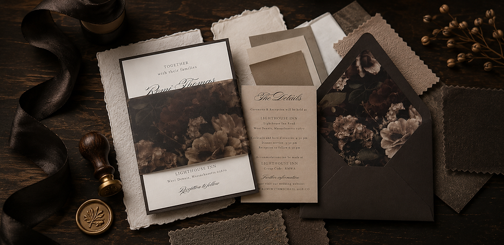 Custom wedding invitation suite with dark floral details and coordinating envelopes by White Lace Design