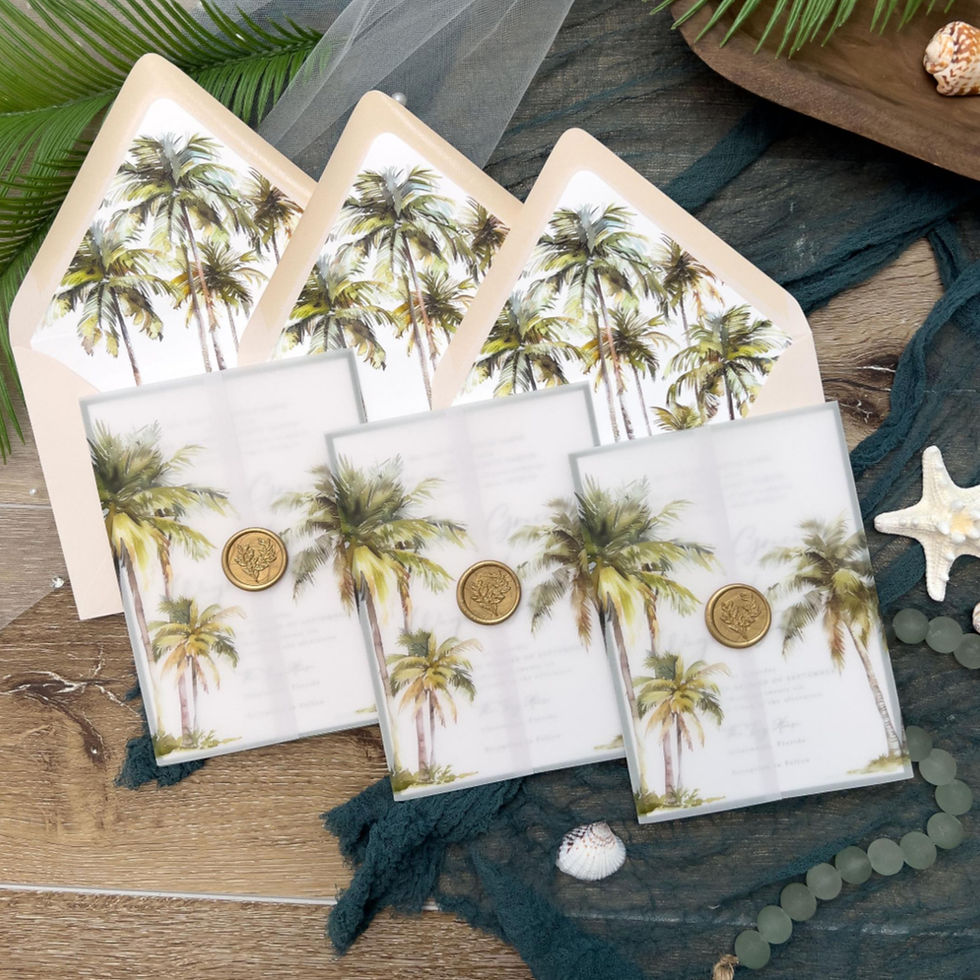 Tropical wedding invitation with palm accents