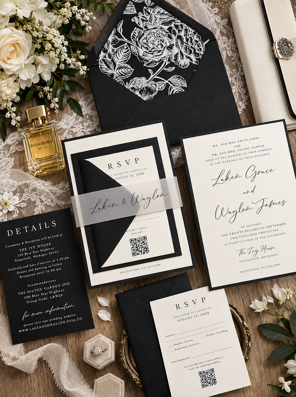 Black and ivory wedding invitation suite with personalized vellum belly band