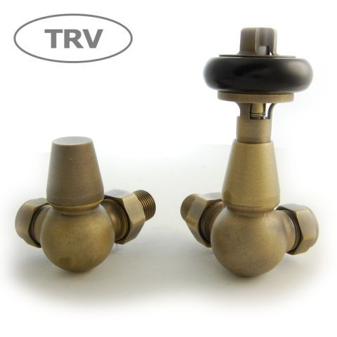 Thumbnail: Faringdon Traditional Old English Brass Thermostatic Radiator Corner Valve Set Old english brass