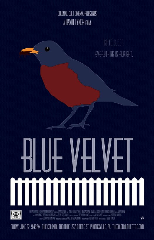 Original film poster for David Lynch's Blue Velvet by Paul Terry for The Colonial Theatre.