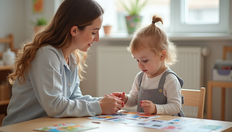 Eye-level view of a speech therapist working with a toddler using colorful picture cards