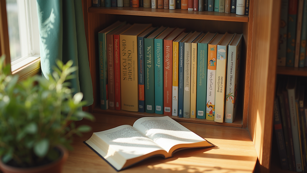 High angle view of a cozy reading nook with bilingual children’s books neatly arranged