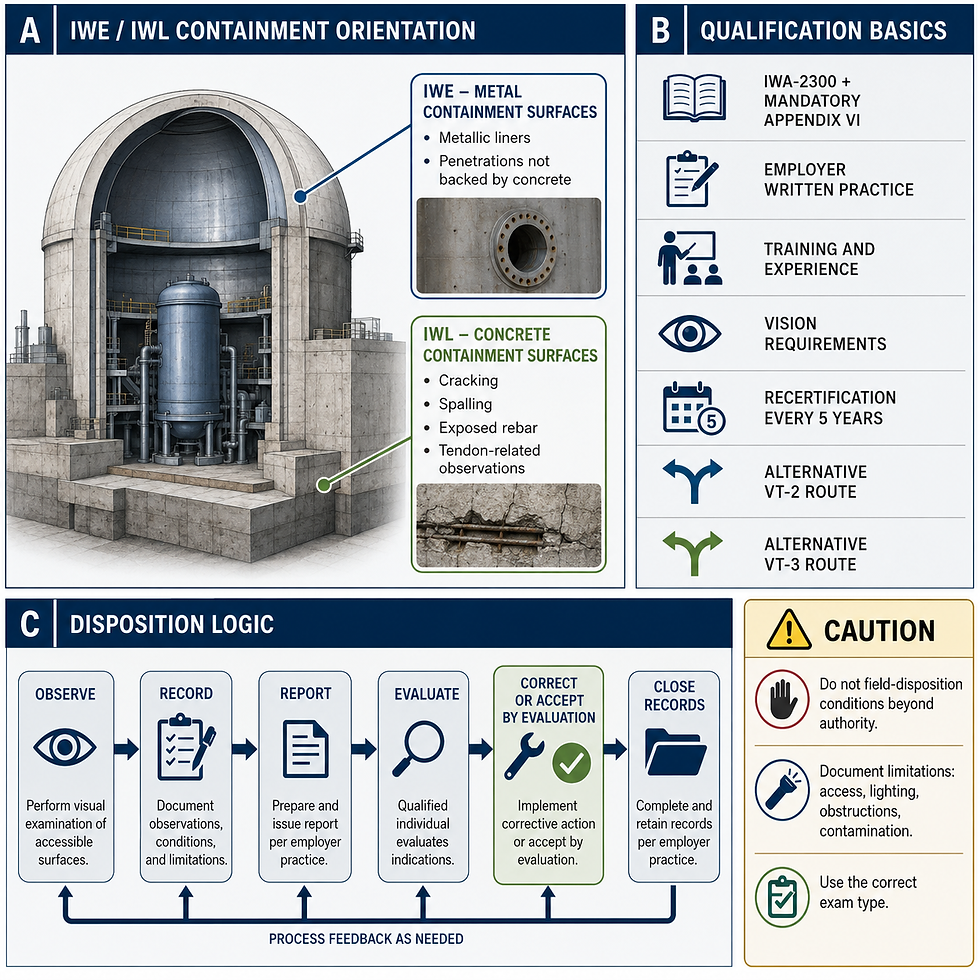 ASME Section XI VT training infographic showing IWE and IWL containment orientation, visual examination personnel qualificati