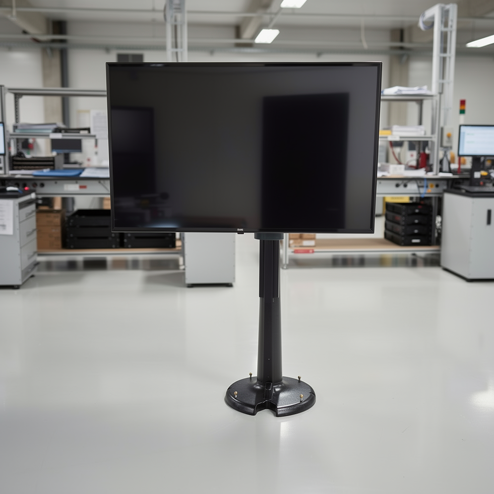 custom metal tv stand holding flat screen display with rotating arm and welded steel column