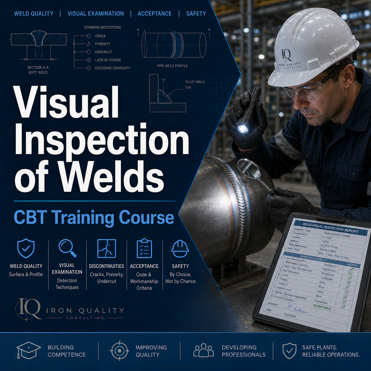 Visual Inspections of Welds training course information showing inspector inspecting weld