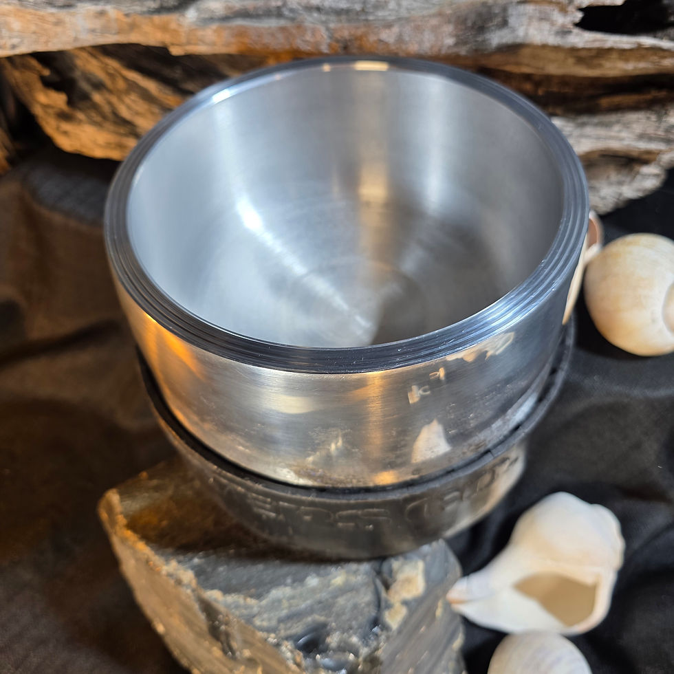 Thumbnail: Close-up of the clean machined upper rim and polished silver grooves cut into the blue painted exterior of the tank bowl.