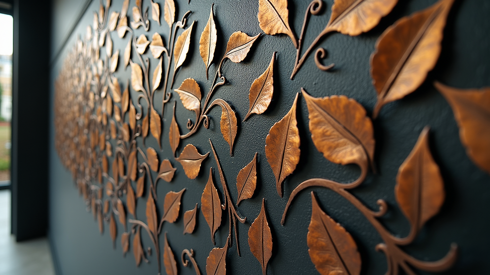 High angle view of a nature-inspired metal wall art with leaf motifs
