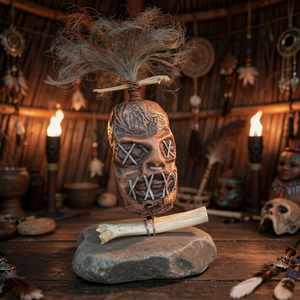 Thumbnail: Shrunken Head Copper Sculpture Oddity | Reclaimed Metal Art Tsantsa | Real Bone