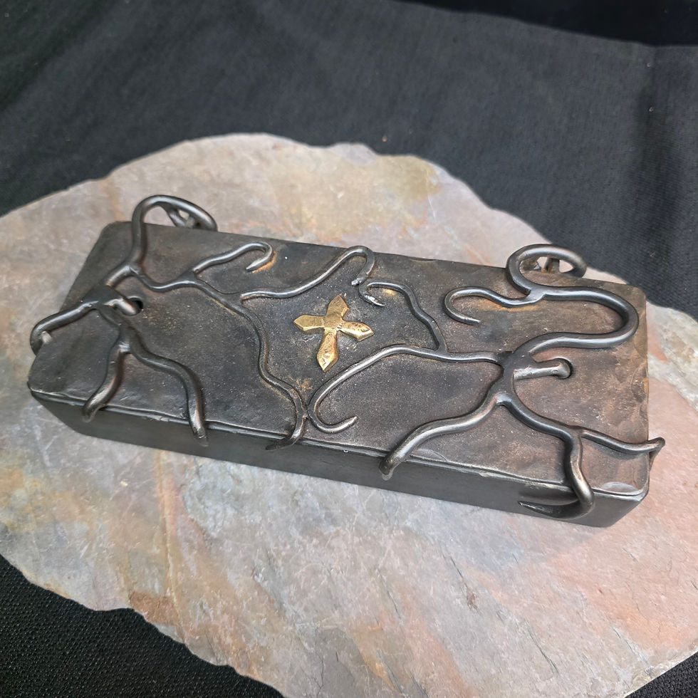 Thumbnail: Hand forged gothic steel keepsake box with vine details and brass cross