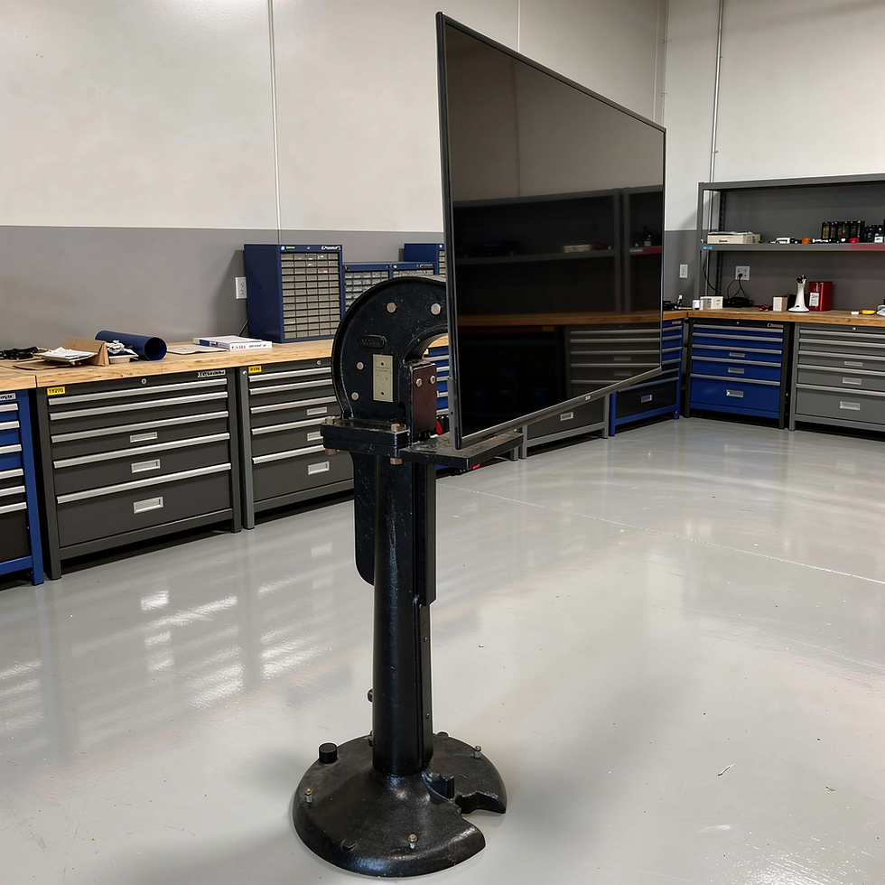 custom metal tv stand holding flat screen display with rotating arm and welded steel column