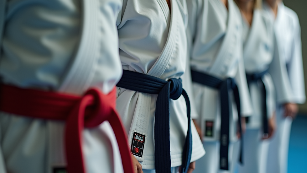 Close-up view of karate belts arranged in a row