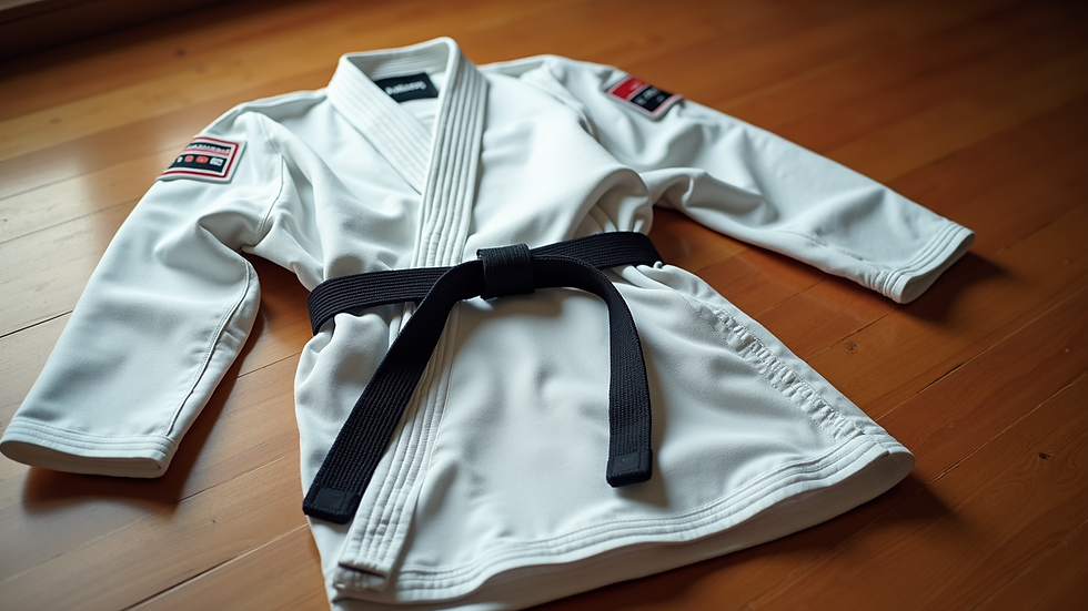 High angle view of karate gi and belt laid out on a wooden floor