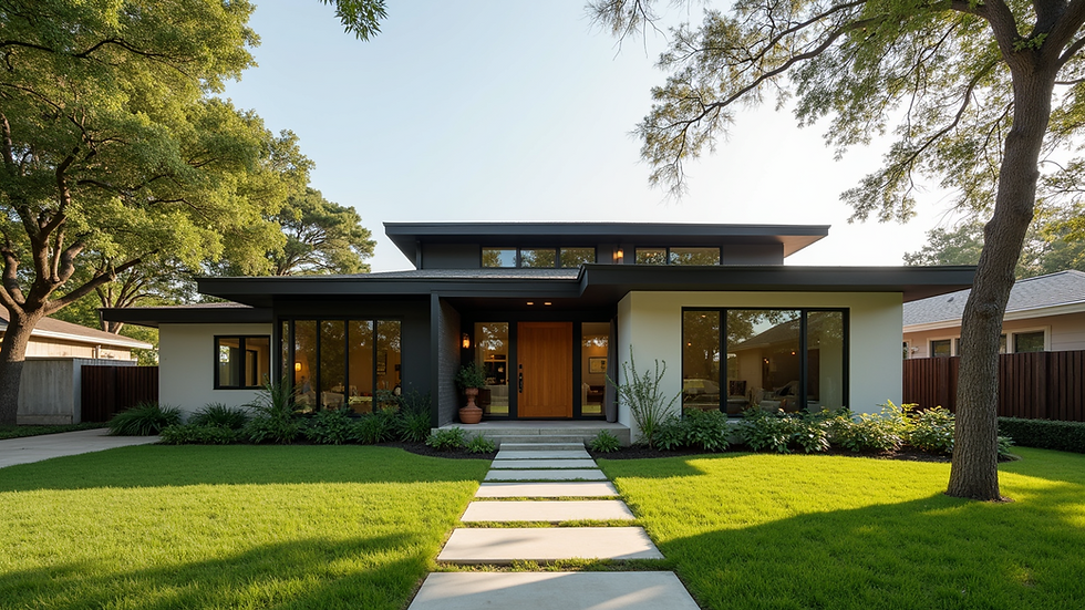 Wide angle view of a modern Austin home exterior with a well-kept lawn