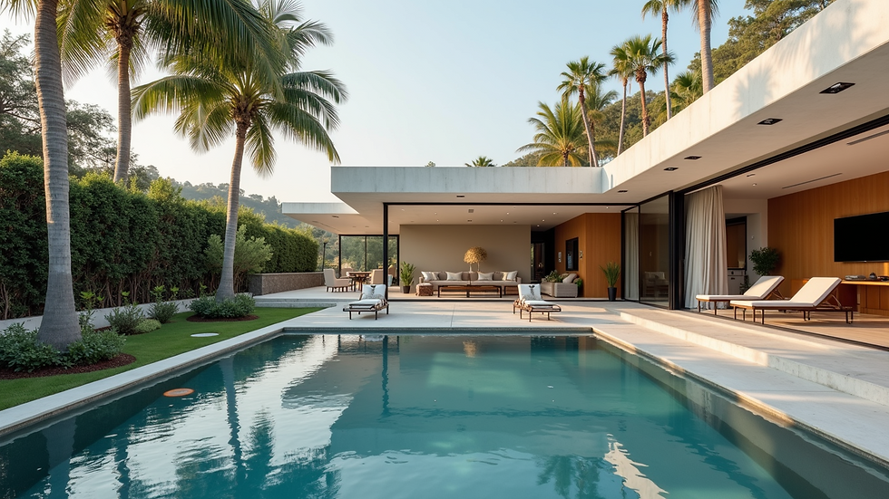 Eye-level view of a luxury home with a pool and outdoor living space