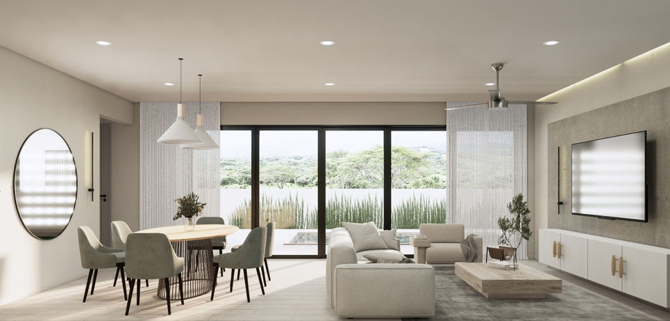 Living and Dining rooms with mountain view.