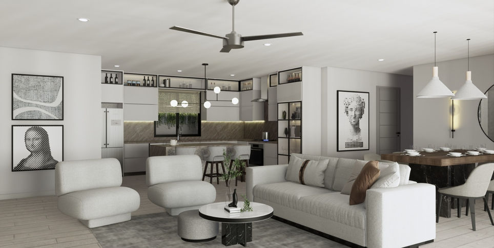 Living room, Dining room and Kitchen. Open space concept.