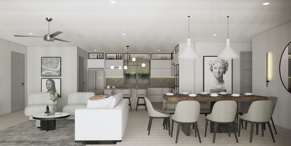 Living room, Dining room and Kitchen. Open space concept.