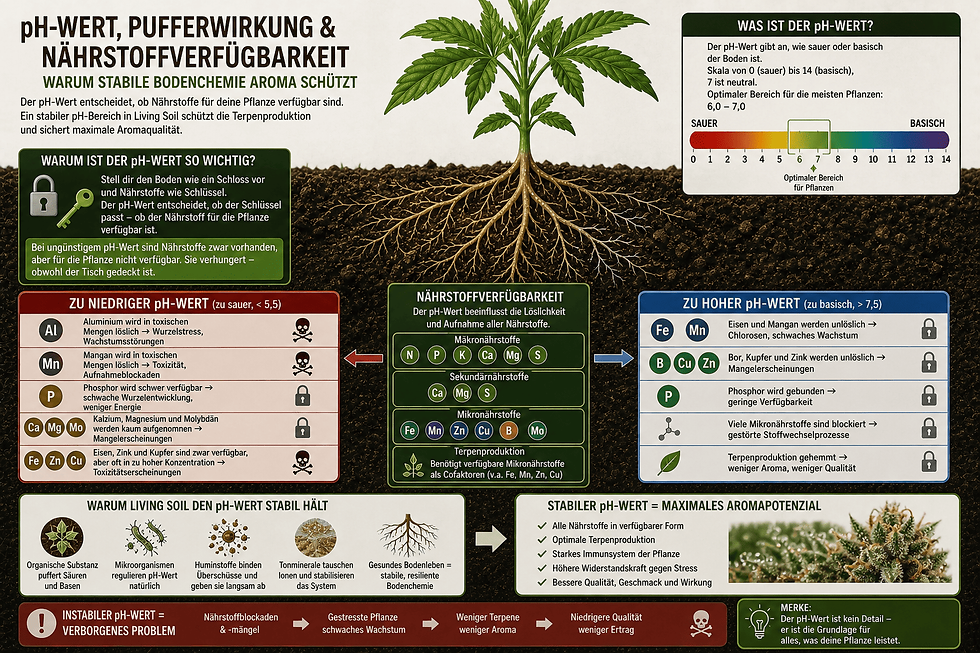 Infografik pH-Wert Nährstoffverfügbarkeit Living Soil – Pufferwirkung Huminsäuren und Tonmineralien für stabile Terpenproduktion und Aromaqualität