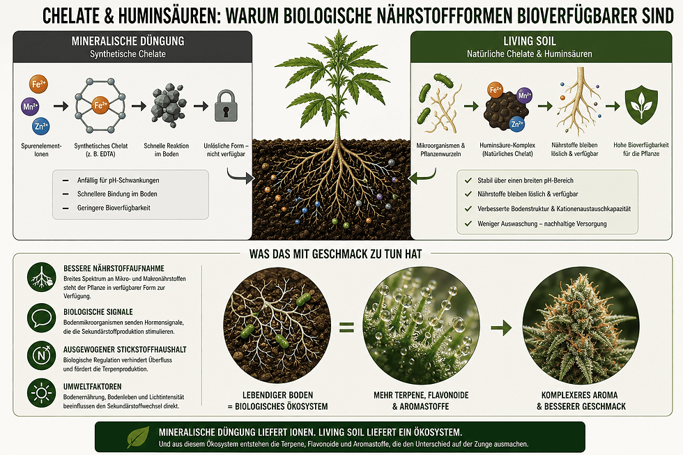 Infografik Chelate und Huminsäuren Living Soil – biologische Nährstoffformen vs synthetische Chelate mineralischer Düngung und Einfluss auf Terpene