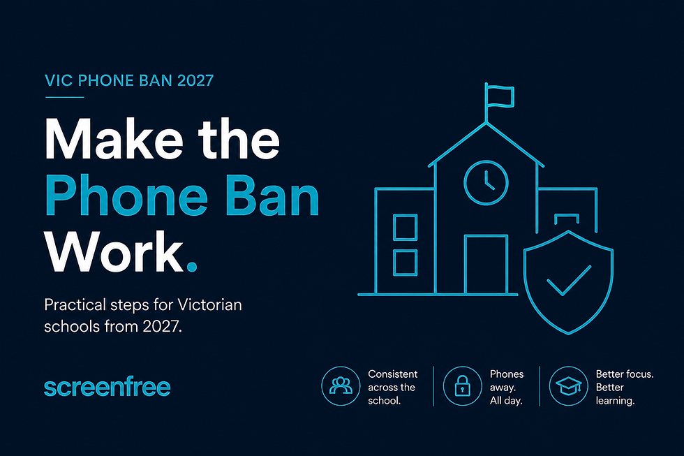 screenfree graphic for Victorian school phone ban 2027 showing practical steps for schools to enforce mobile phone restrictions and improve student focus.