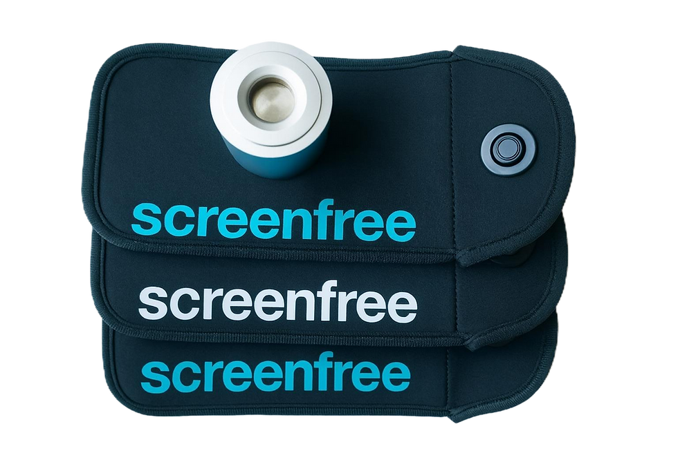 Three screenfree lockable phone pouches with signal-blocking lining and unlocking magnet for NSW schools