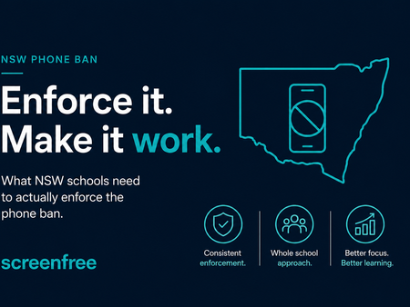 screenfree graphic about NSW school phone ban showing enforcement strategies for schools to improve consistency, reduce distractions and support better learning outcomes.