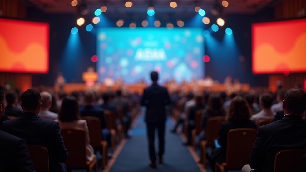 Wide angle view of a conference hall filled with attendees