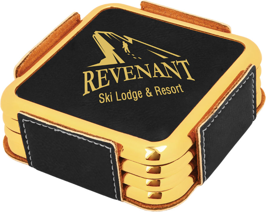 Thumbnail: Square Leatherette Silver Edge Coaster Set with Holder