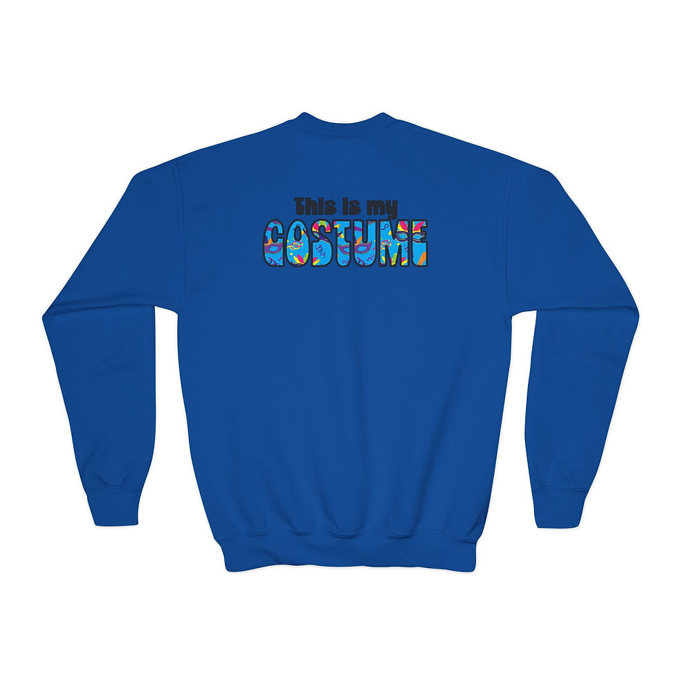 Thumbnail: Youth Crewneck Sweatshirt — "This Is My Costume" Colorful Mardi Gras Mask Design
