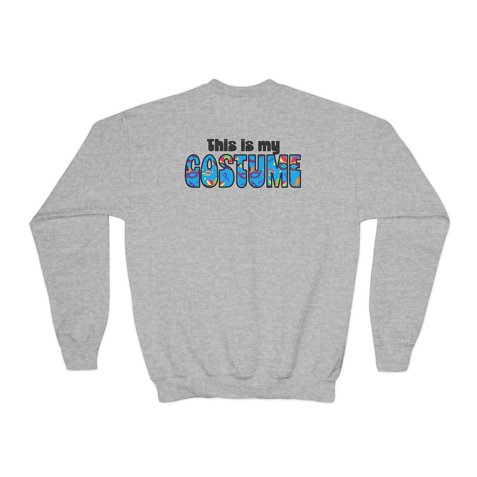 Thumbnail: Youth Crewneck Sweatshirt — "This Is My Costume" Colorful Mardi Gras Mask Design