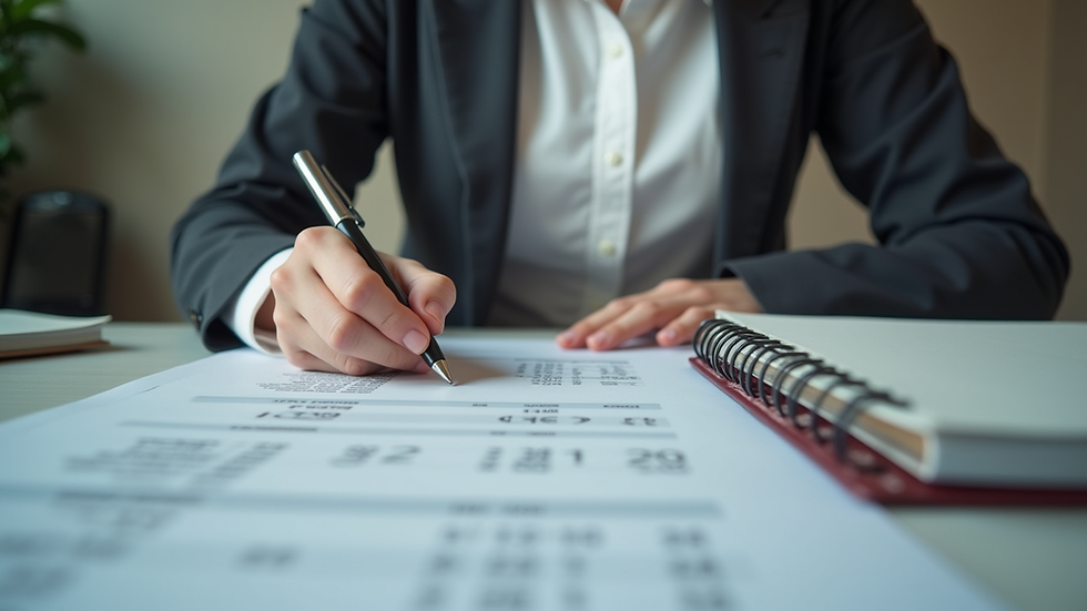 Eye-level view of a woman reviewing documents at a desk