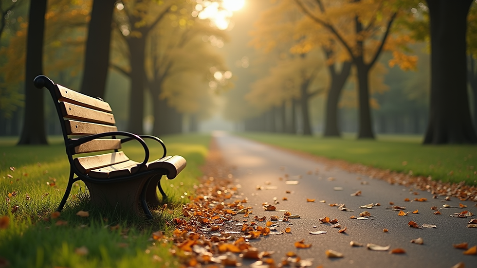 Eye-level view of a peaceful park setting with a bench