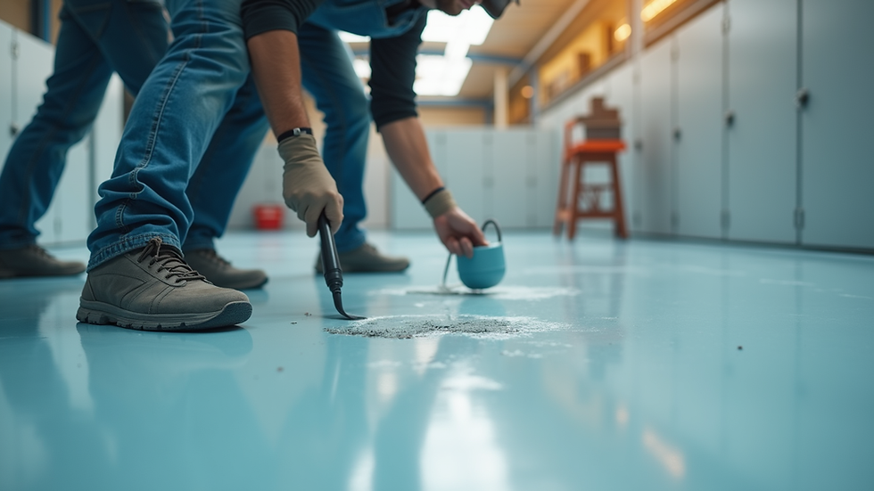 Close-up view of industrial painter applying epoxy coating on factory floor