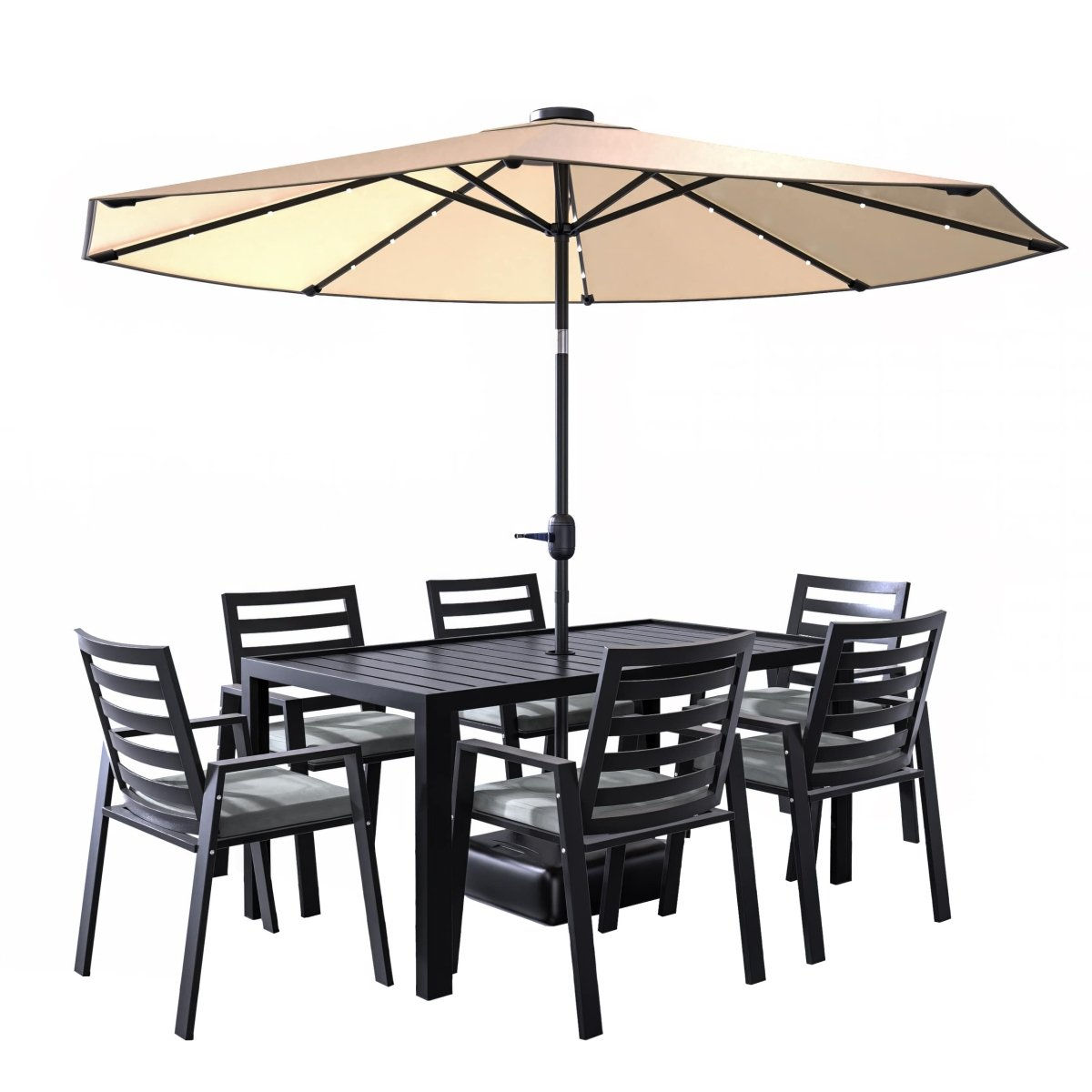 Chelsea 7-Piece Modern Outdoor Dining Set in Black Aluminum with Removable Cushi