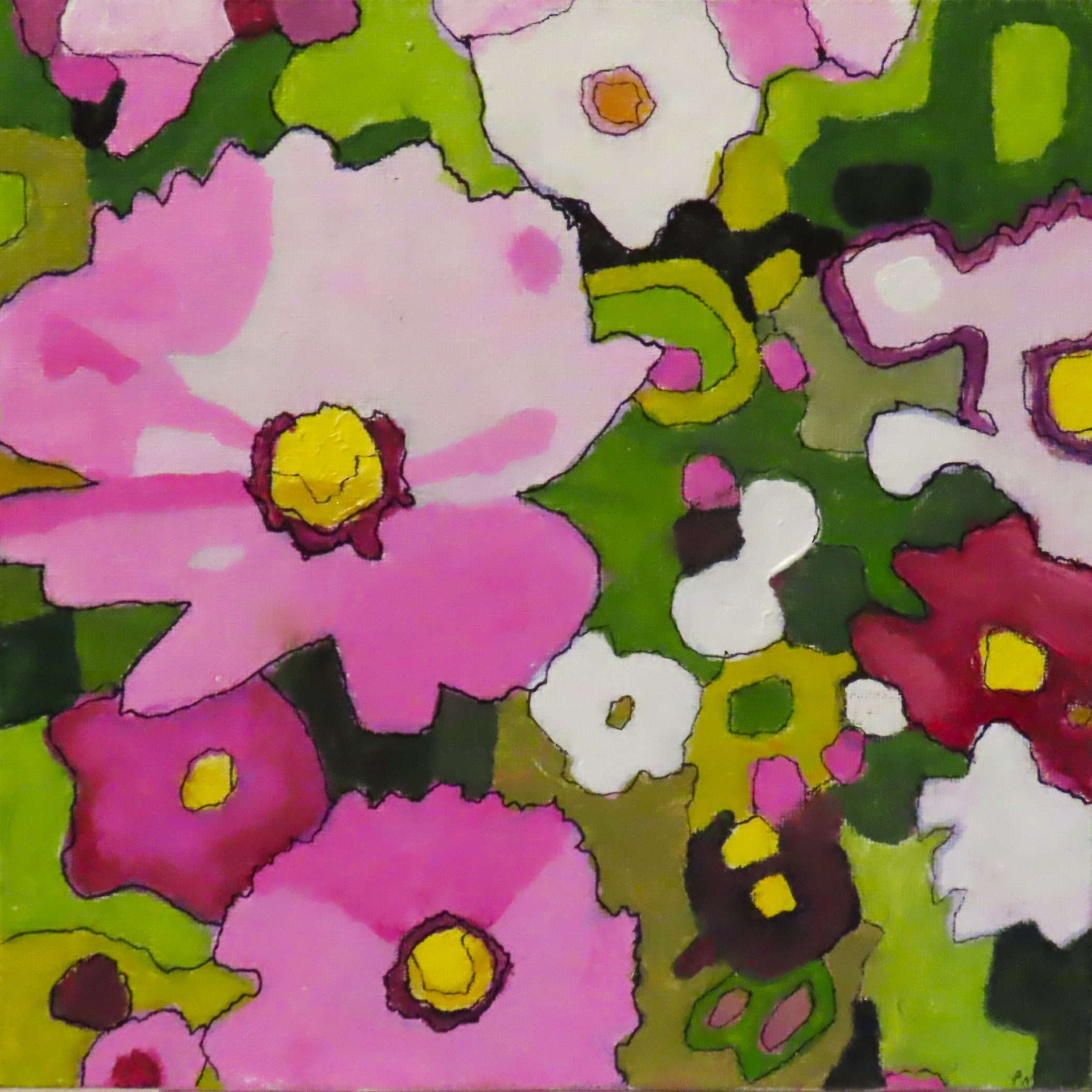 Bright pink cosmo flowers over white flowers and yellow/green leaves