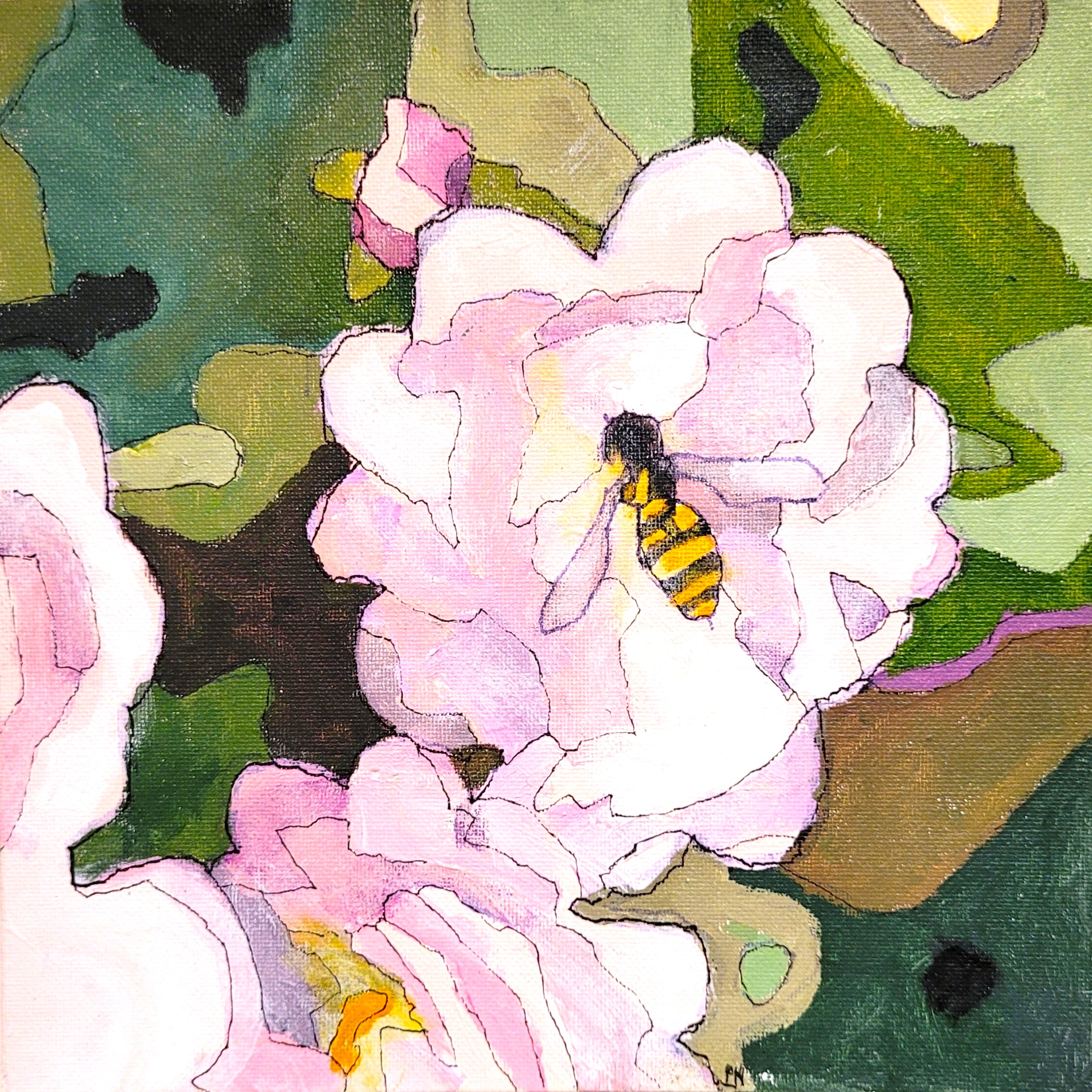 A bee sitting in the middle of a light pink flower with warm toned green leaves
