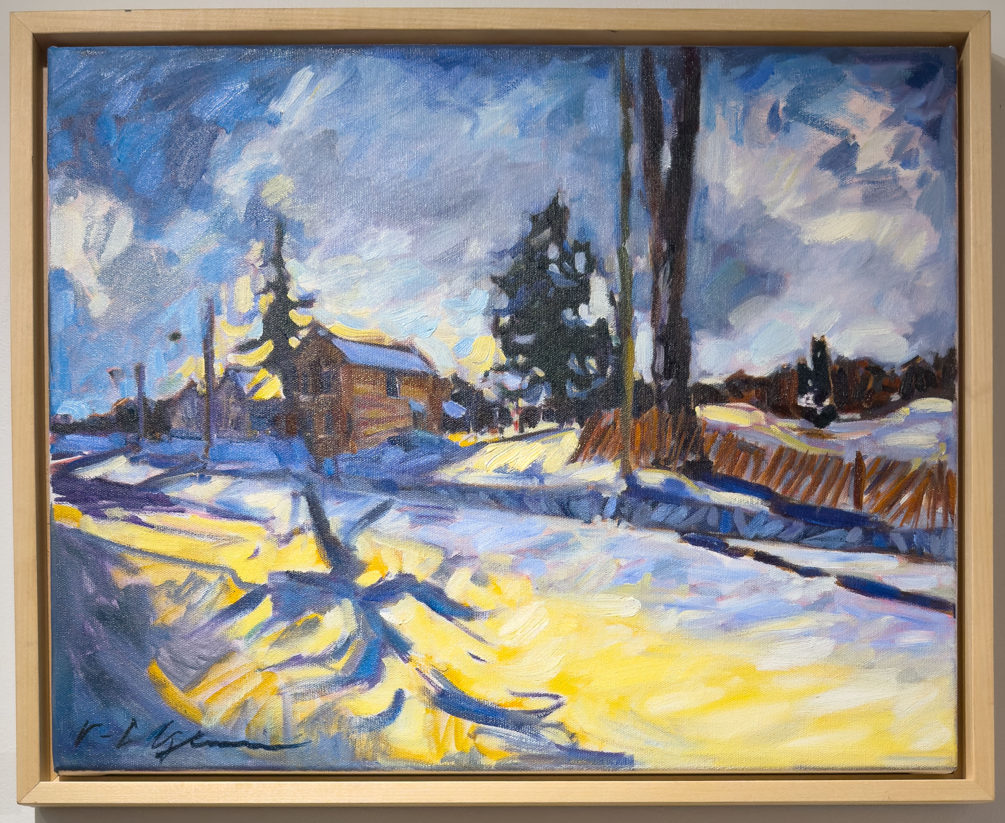 A sunny snowy landscape with a single house.