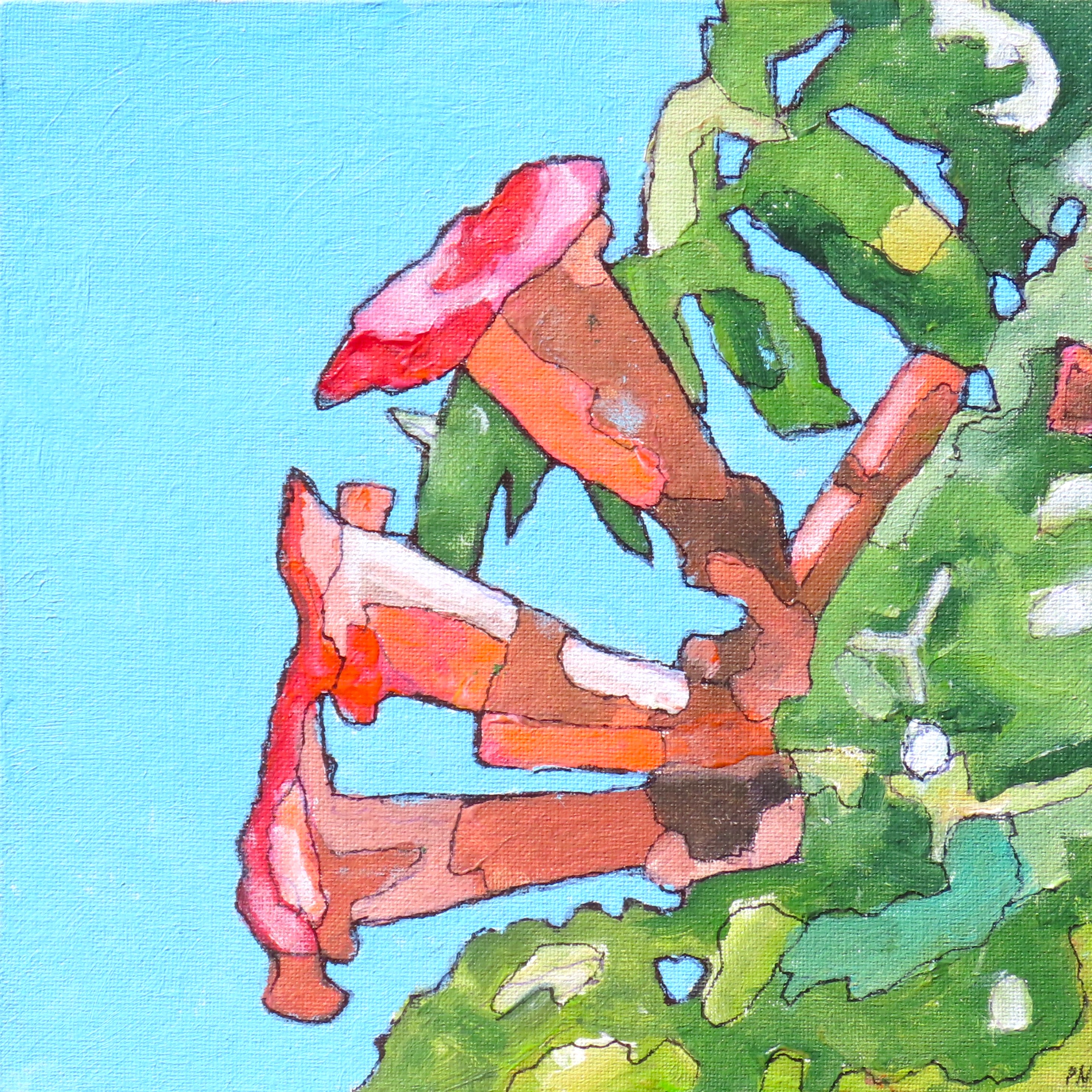 Red flowers with green leaves in front of a bright blue sky.