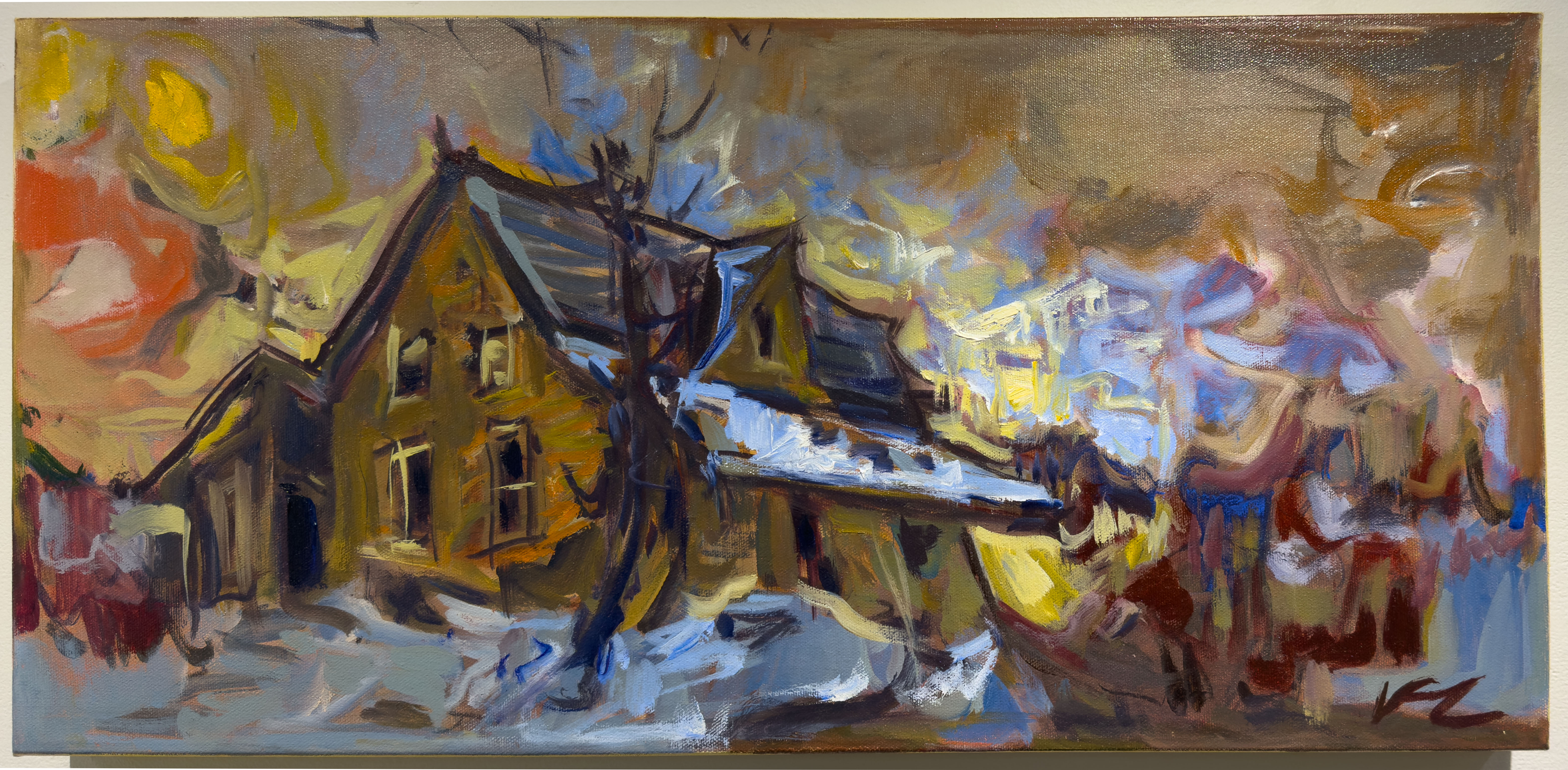 A yellow house on a gloomy winter day, yet painted in yellow tones.