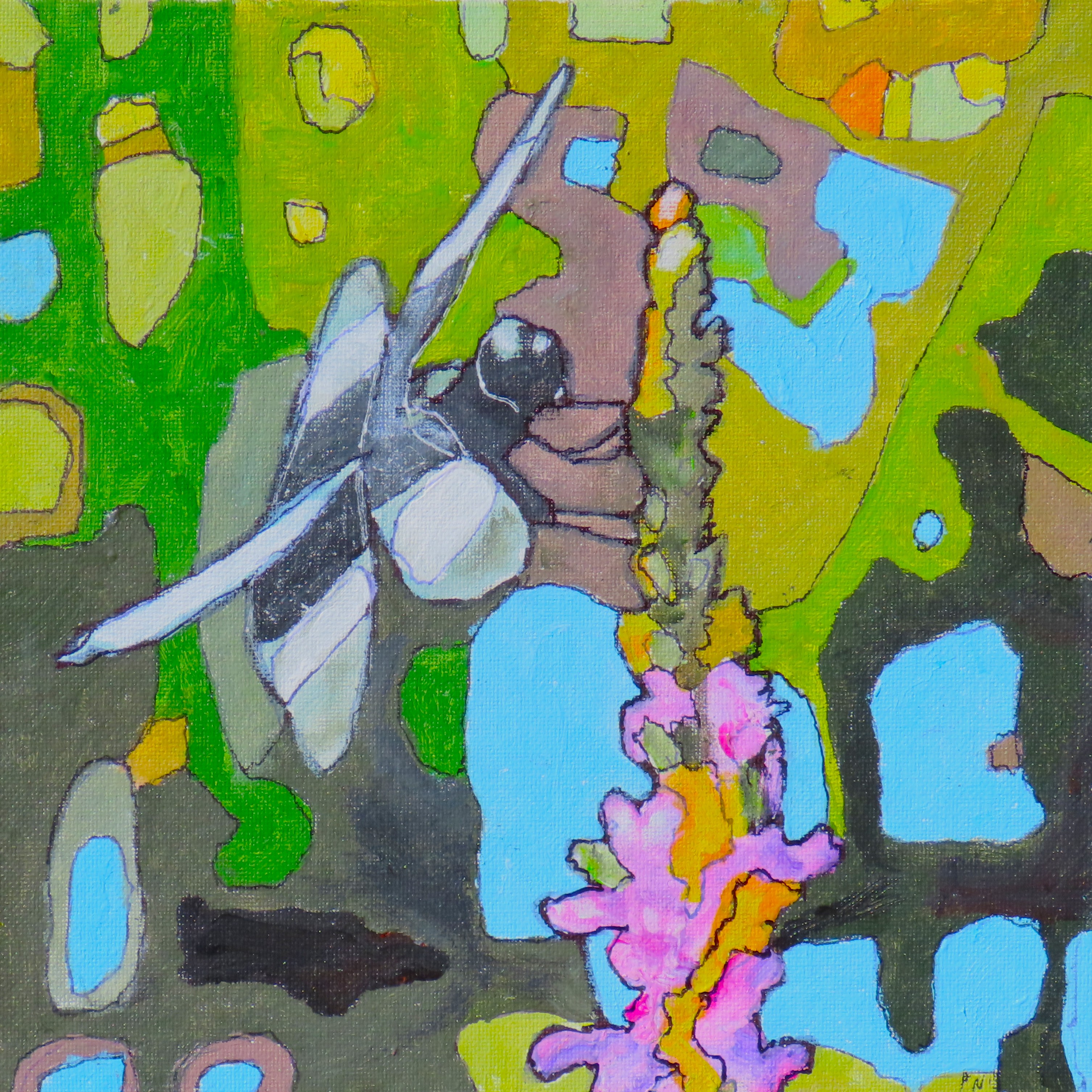 A dragonfly on the tip of a pink flower with a vivid green, blue and black background.