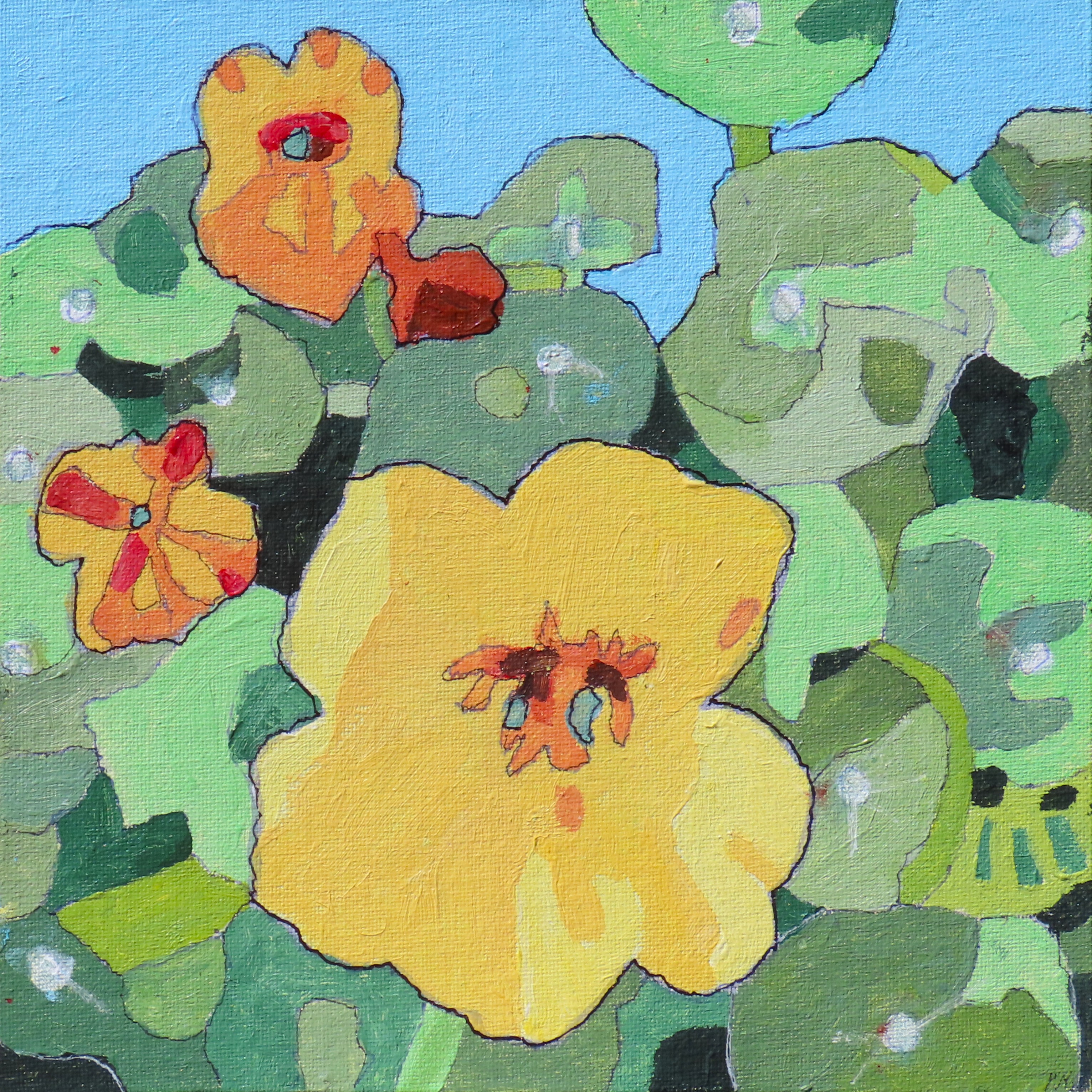 Bright yellow flowers and green leaves on a blue background.