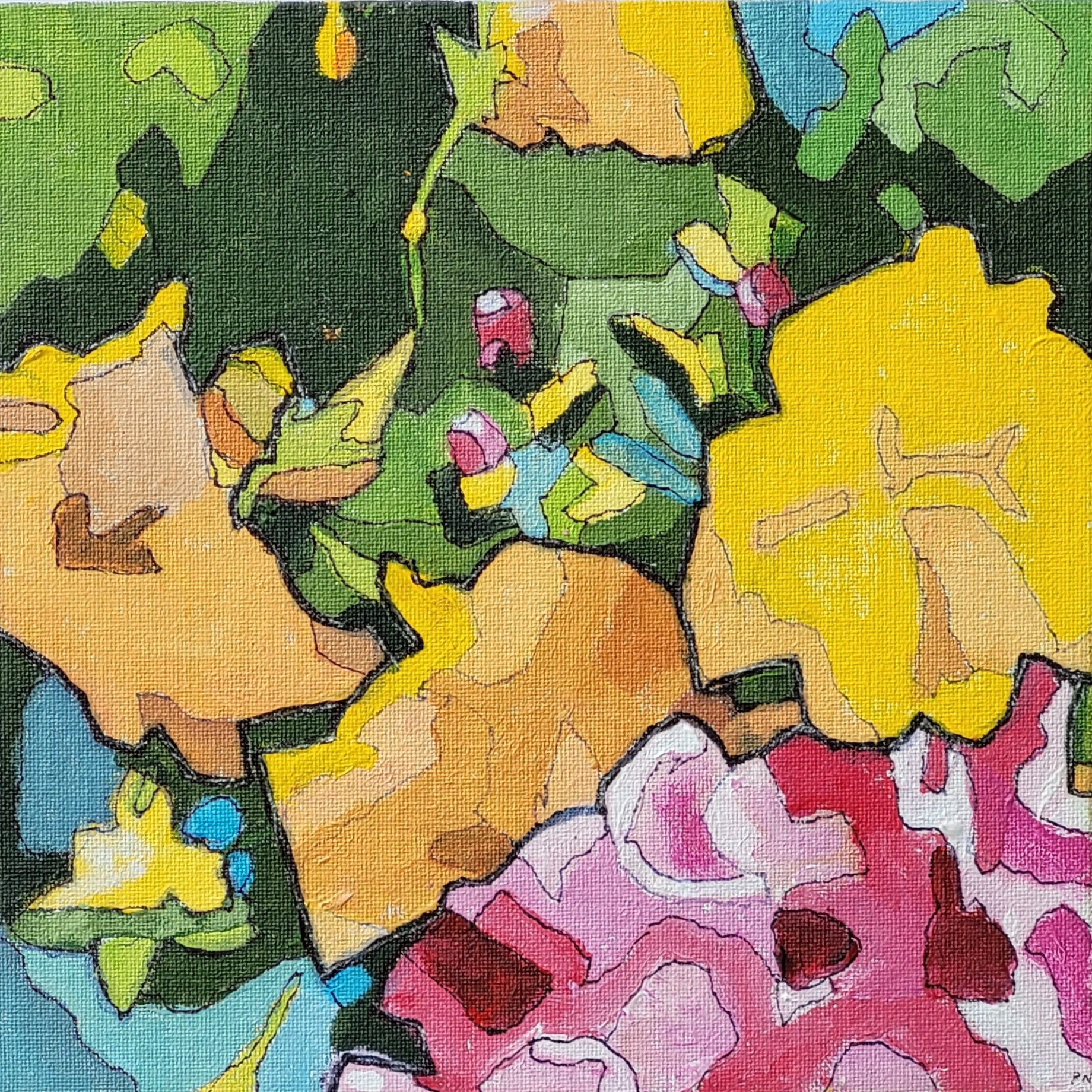 Bright pink, yellow and blue posy flowers