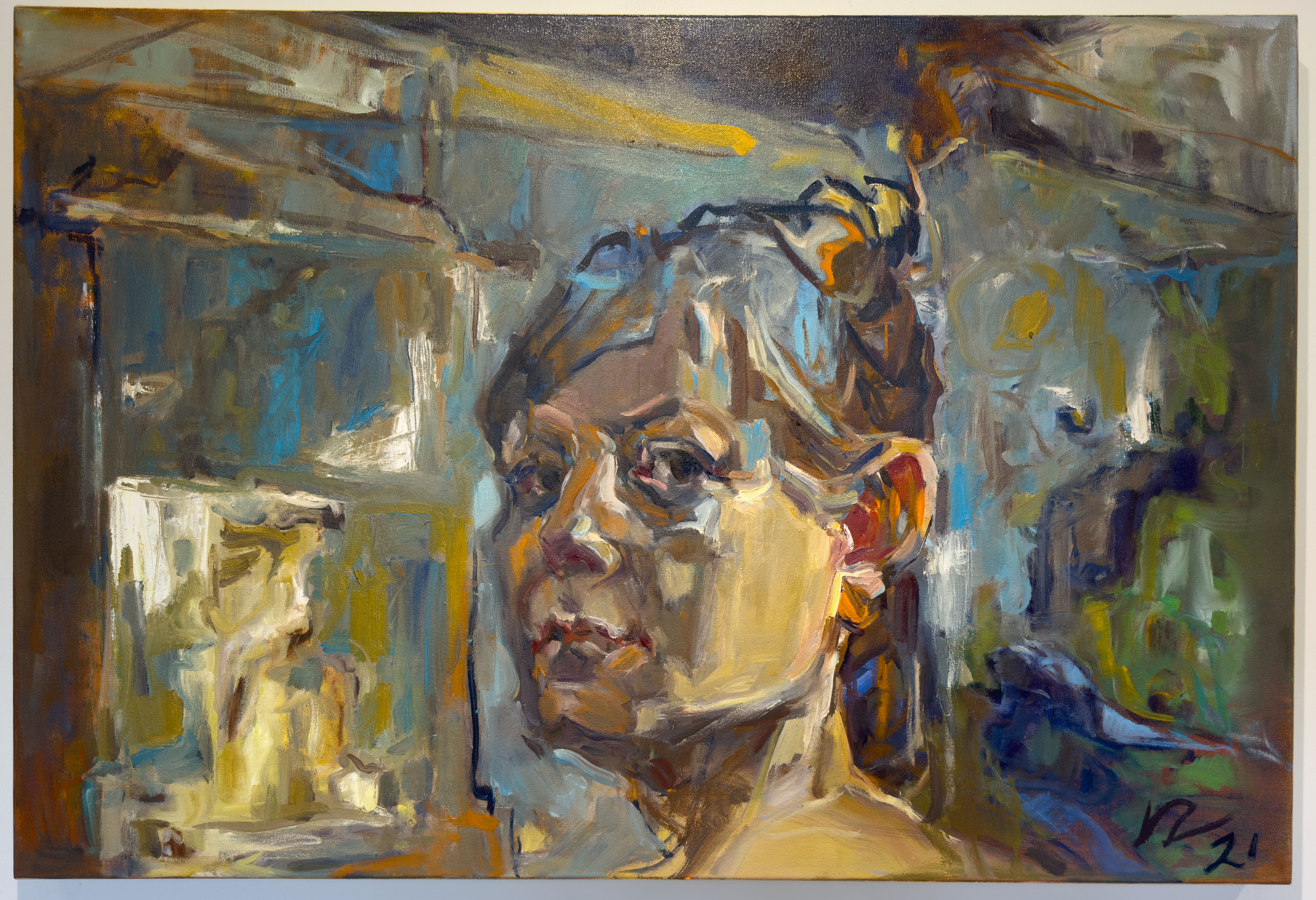 A portrait of a woman's head, with a slight smile. Cool toned.