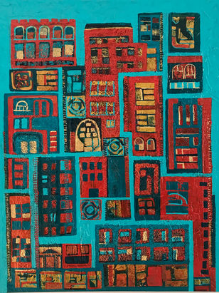 Abstract buildings in bright red/orange/yellow hues on a cyan background.