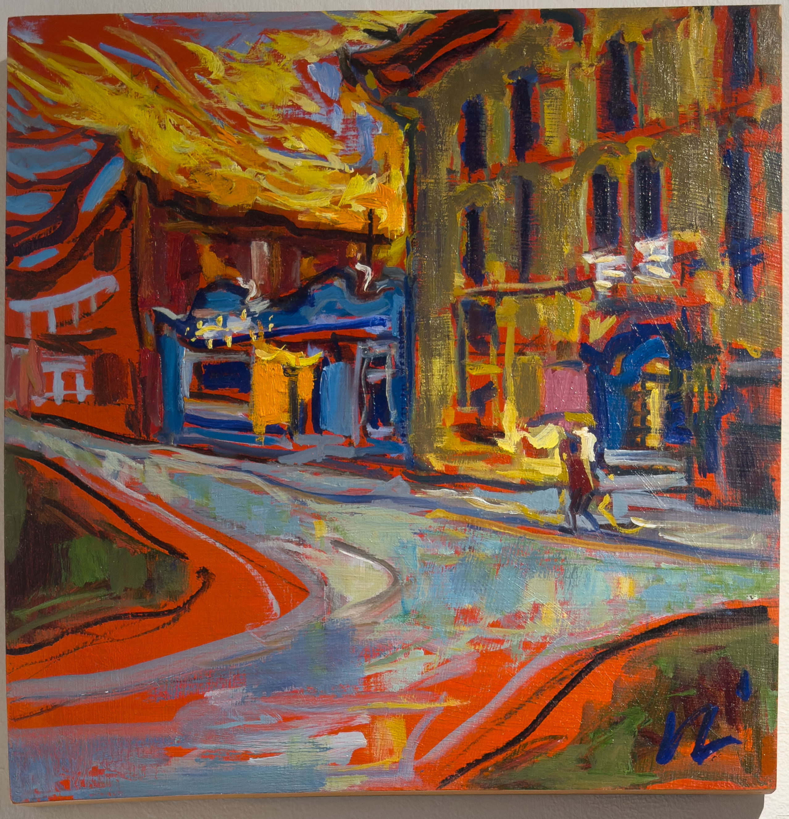 A red, yellow and blue painting of Downie Street in Stratford ON.