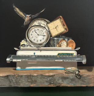 On top a raw wooden shelf rests many clocks, pocket watches and a scale. A bird flies towards the pile.
