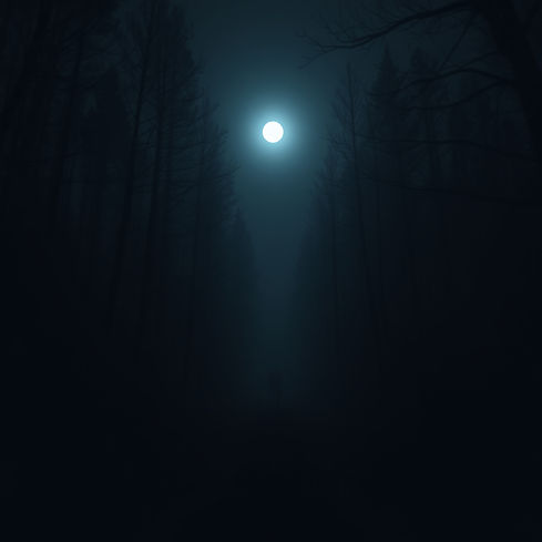 Dense forest at night with unnatural stillness, trees perfectly still with no wind, narrow