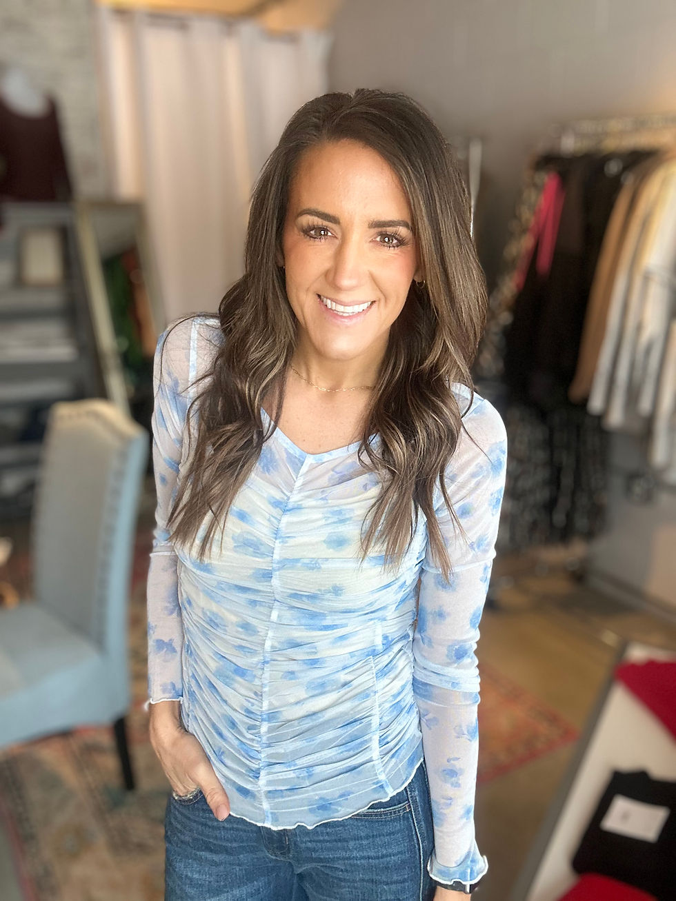 Thumbnail: 232 -Sky Blue Ruched Sheer Mesh Top