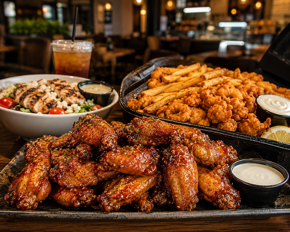 A platter of crispy hot honey chicken wings and fresh popcorn shrimp served hot at Baba's Kitchen inside Jersey Gourmet in East Orange, New Jersey.